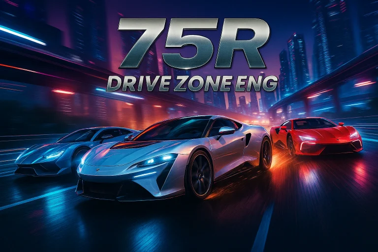 75R Car in Drive Zone Online: The Hidden Gem of Drive Zone ENG Cars 1 A realistic 3D render of the 75R sports car speeding through a futuristic neon-lit city highway at night, glowing reflections on wet asphalt, sparks flying from tires, motion blur for speed effect. Add metallic text “75R Car in Drive Zone Online” on the image in bold, modern typography.